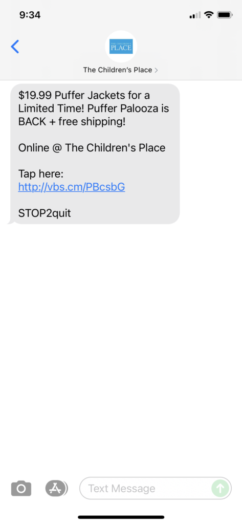 The Children's Place Text Message Marketing Example - 09.23.2021