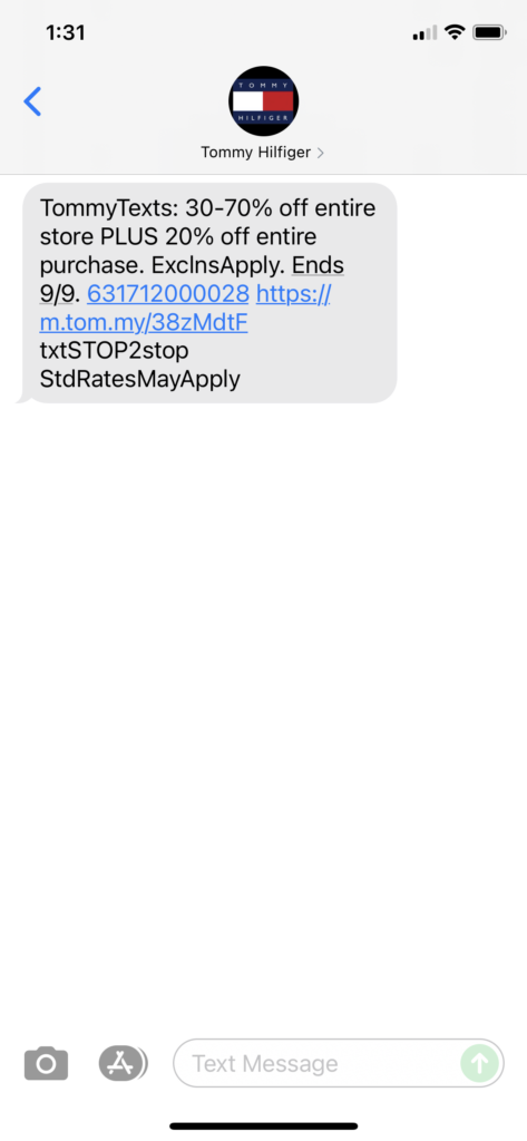 Tommy Hilfiger Text Message Marketing Example - 09.03.2021