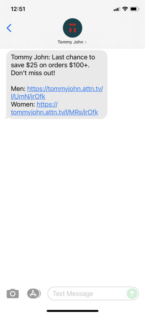 Tommy John Text Message Marketing Example - 09.06.2021