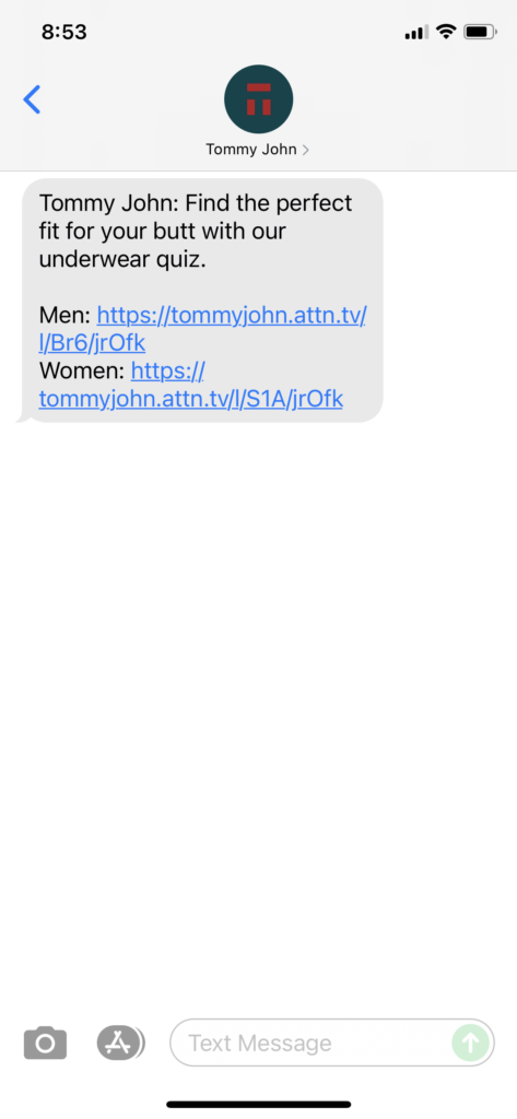 Tommy John Text Message Marketing Example - 09.15.2021