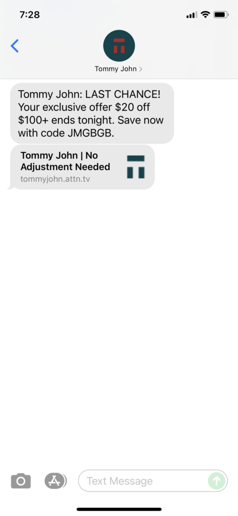 Tommy John Text Message Marketing Example - 09.19.2021