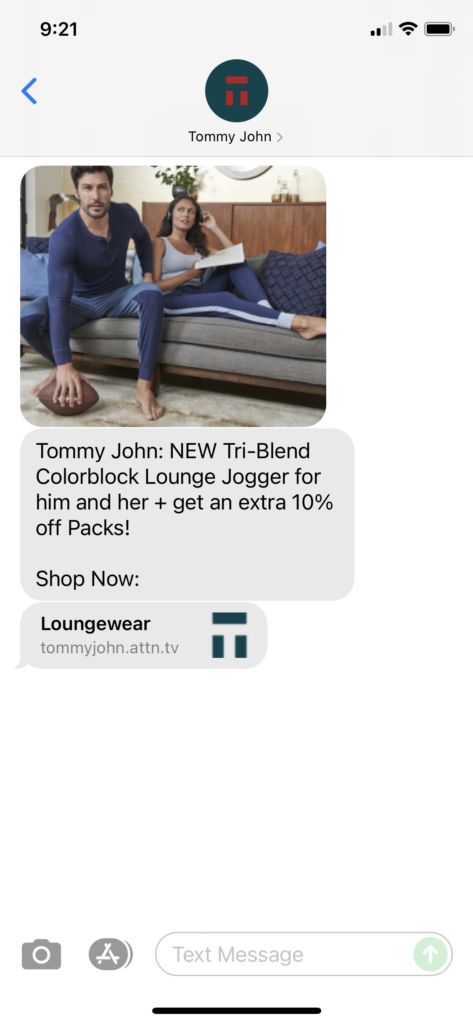 Tommy John Text Message Marketing Example - 09.24.2021