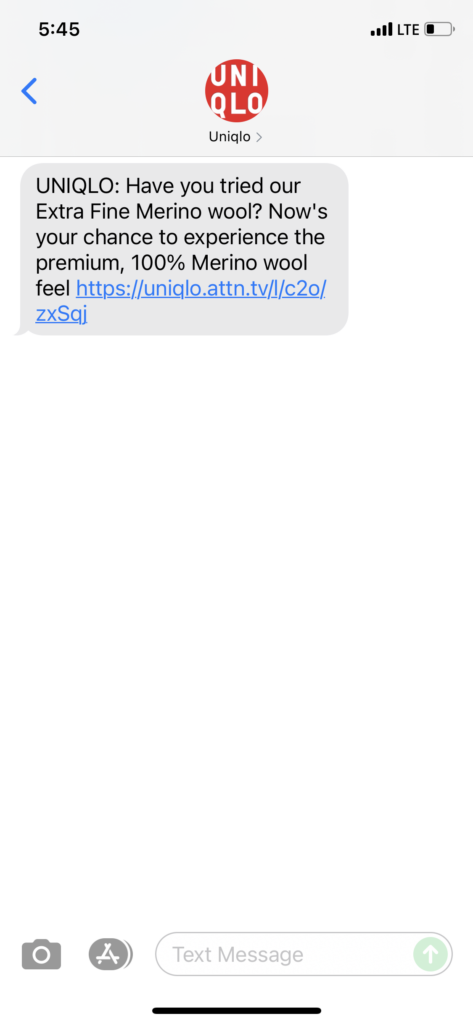 UNIQLO Text Message Marketing Example - 09.01.2021