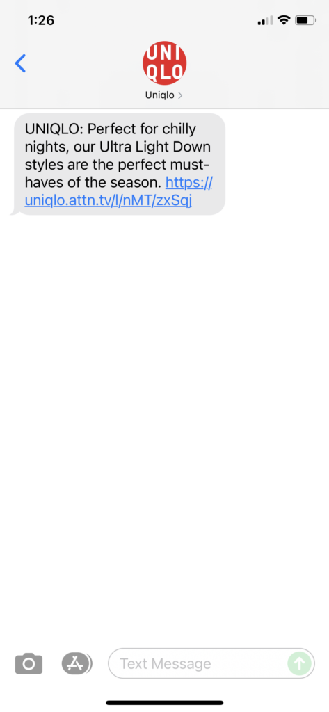 UNIQLO Text Message Marketing Example - 09.04.2021