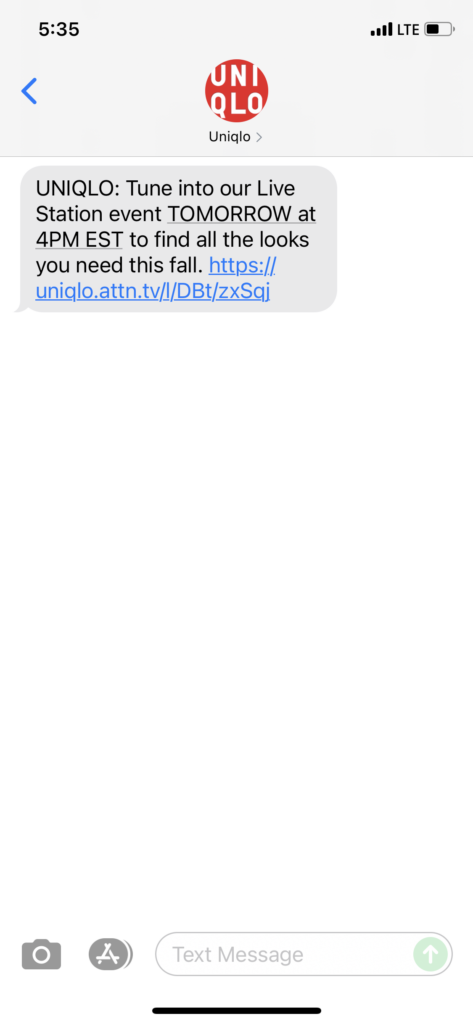 UNIQLO Text Message Marketing Example - 09.08.2021