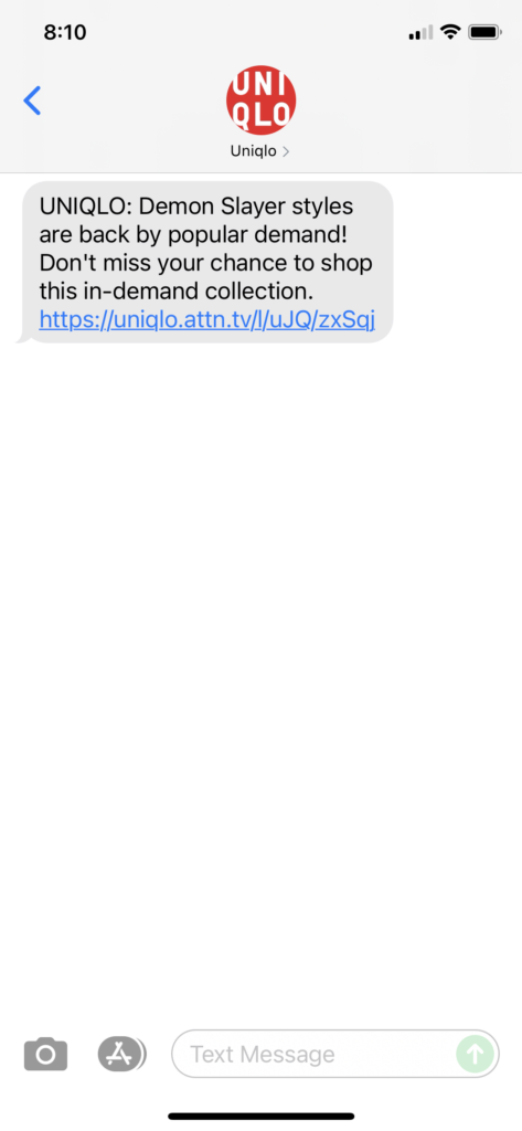 UNIQLO Text Message Marketing Example - 09.09.2021