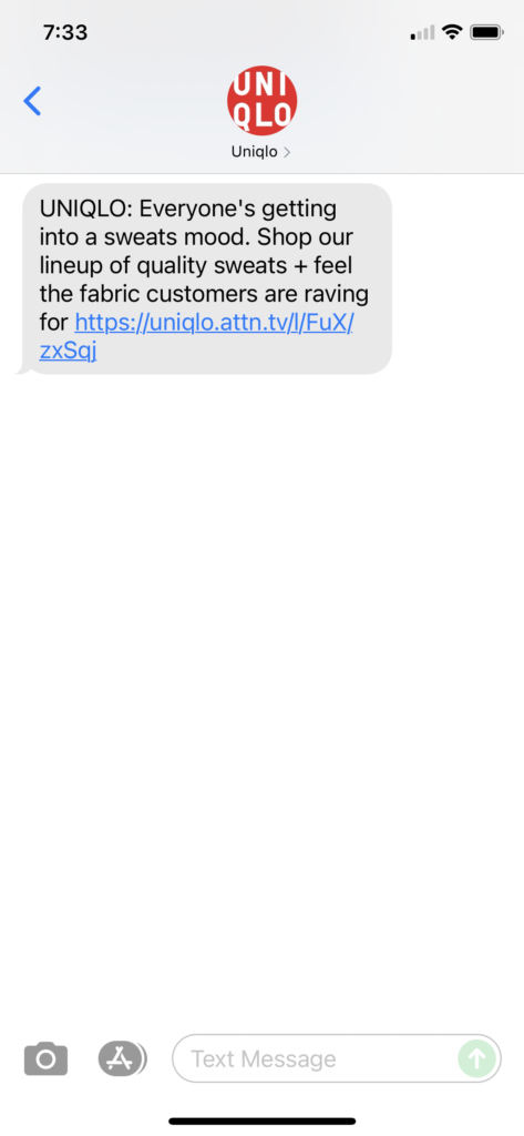 UNIQLO Text Message Marketing Example - 09.11.2021