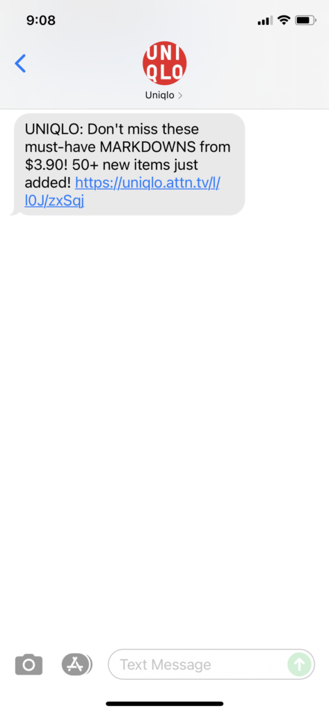 UNIQLO Text Message Marketing Example - 09.14.2021