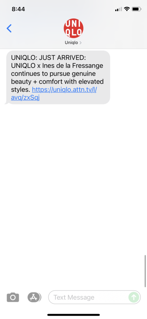 UNIQLO Text Message Marketing Example - 09.16.2021