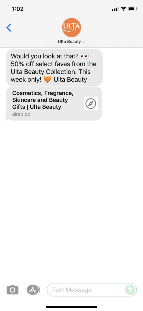 Ulta Beauty Text Message Marketing Example - 09.05.2021