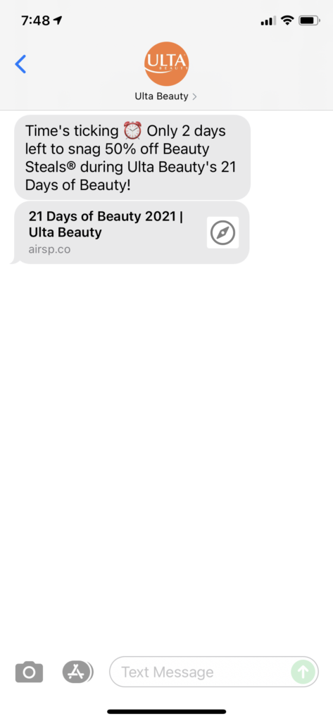 Ulta Beauty Text Message Marketing Example - 09.17.2021