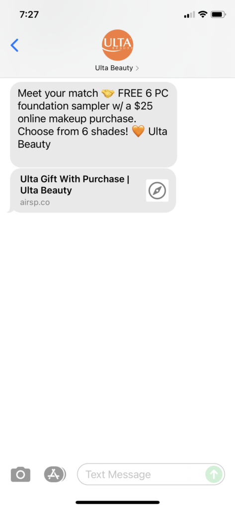 Ulta Beauty Text Message Marketing Example - 09.19.2021
