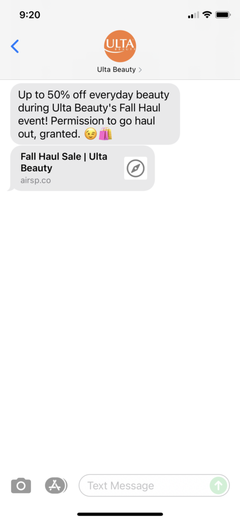 Ulta Beauty Text Message Marketing Example - 09.24.2021