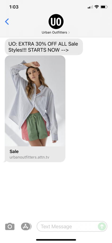 Urban Outfitters Text Message Marketing Example - 09.05.2021