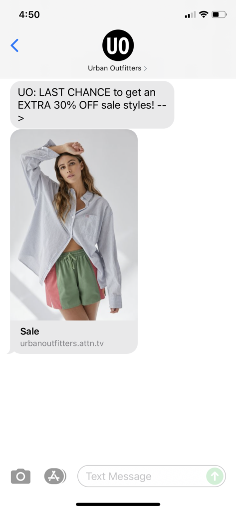 Urban Outfitters Text Message Marketing Example - 09.06.2021