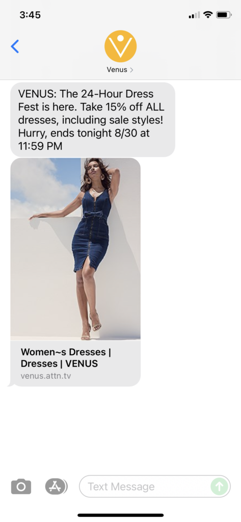 Venus Text Message Marketing Example - 08.30.2021