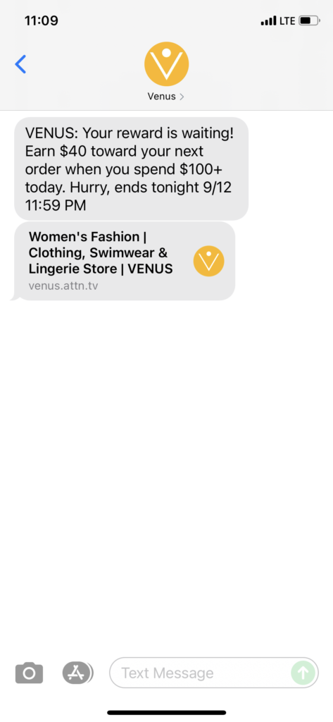 Venus Text Message Marketing Example - 09.12.2021