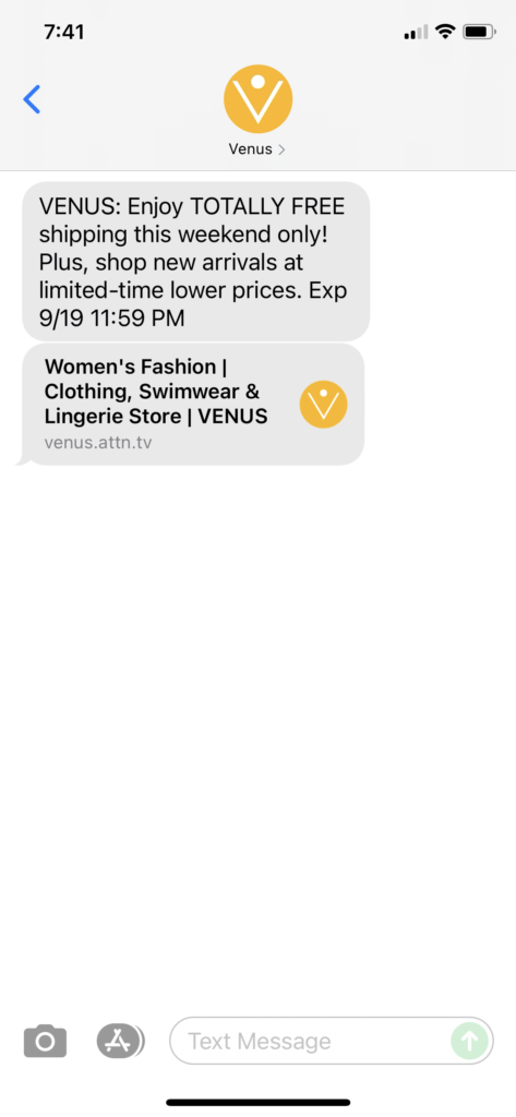 Venus Text Message Marketing Example - 09.18.2021