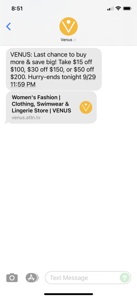 Venus Text Message Marketing Example - 09.26.2021