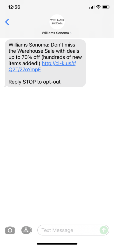 Williams Sonoma Text Message Marketing Example - 09.06.2021