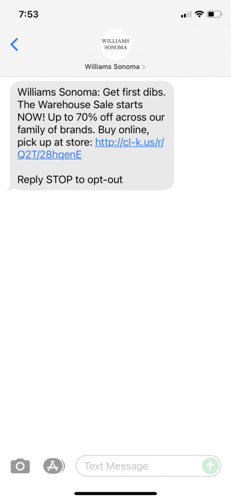 Williams Sonoma Text Message Marketing Example - 09.22.2021