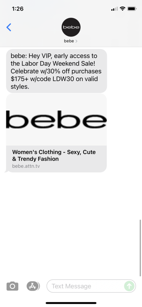 bebe Text Message Marketing Example - 09.03.2021