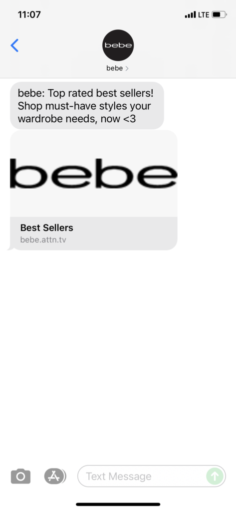 bebe Text Message Marketing Example - 09.12.2021
