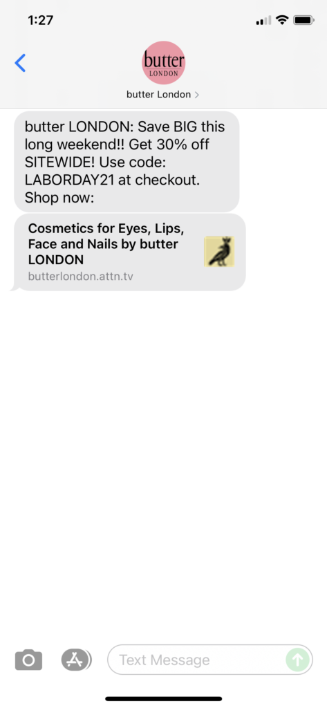 butter London Text Message Marketing Example - 09.03.2021