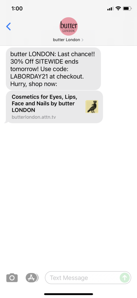 butter London Text Message Marketing Example - 09.05.2021