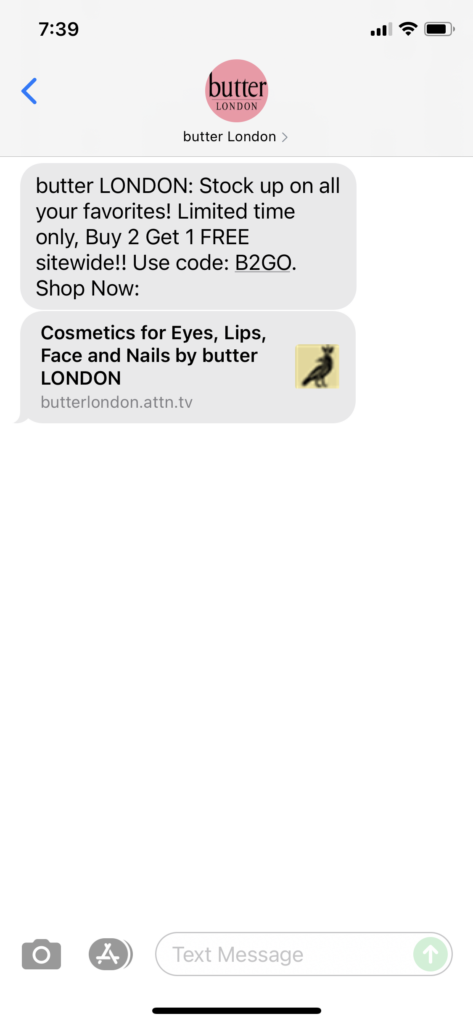 butter London Text Message Marketing Example - 09.18.2021