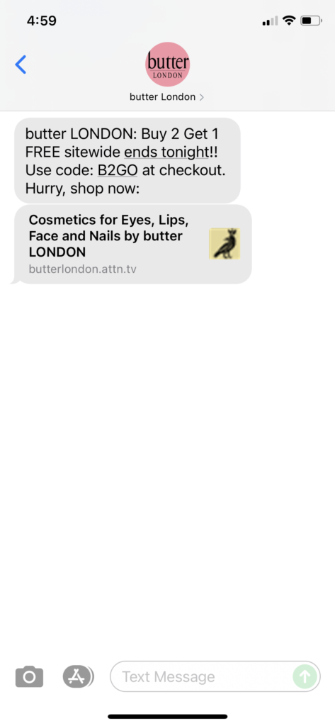 butter London Text Message Marketing Example - 09.23.2021