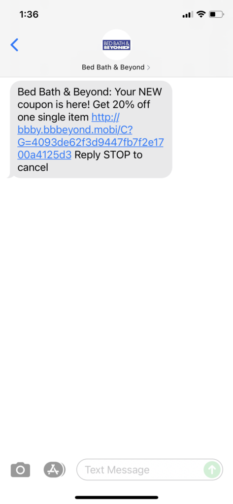 Bed Bath & Beyond Text Message Marketing Example - 09.28.2021