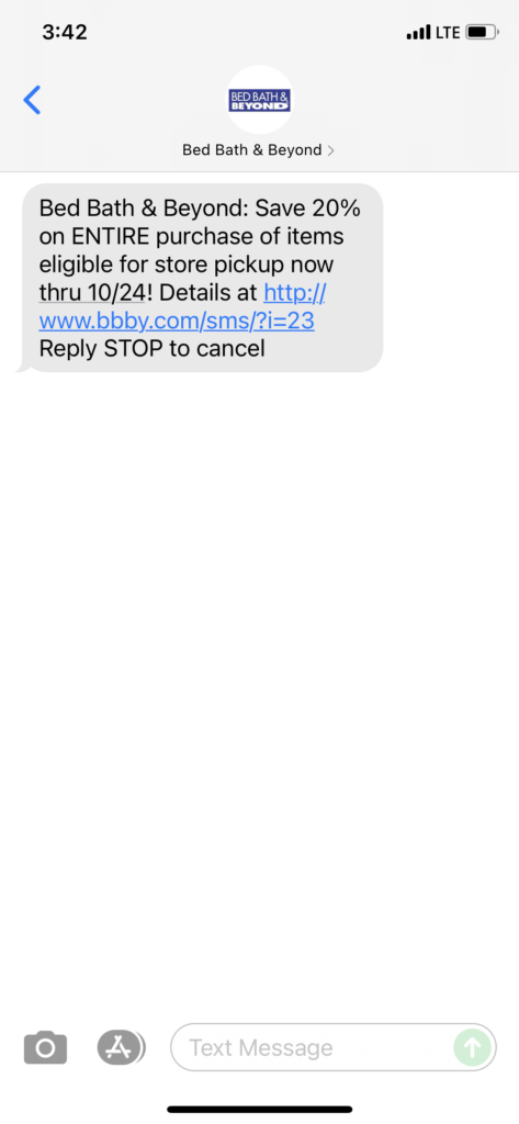 Bed Bath & Beyond Text Message Marketing Example - 10.22.2021
