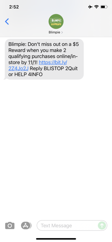 Blimpie Text Message Marketing Example - 10.26.2021