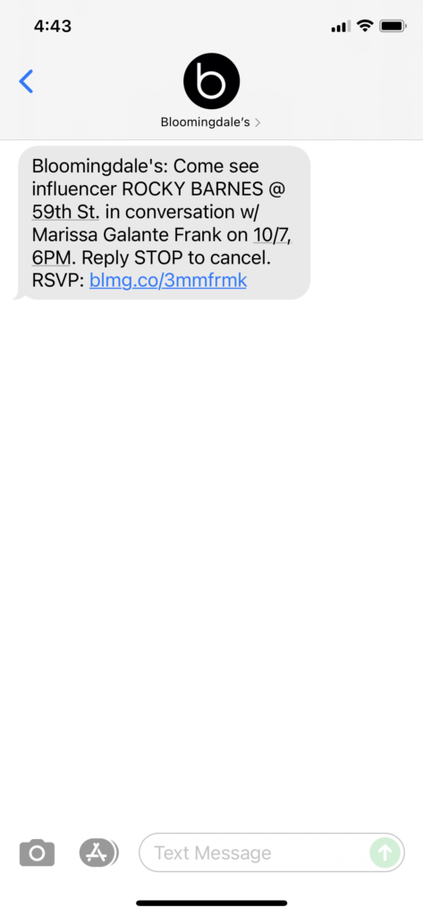 Bloomingdale's Text Message Marketing Example - 10.04.2021