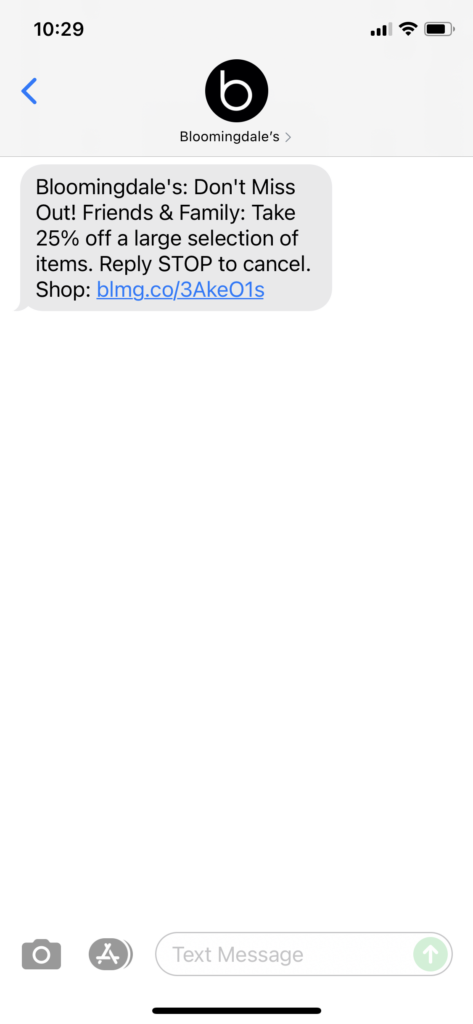 Bloomingdale's Text Message Marketing Example - 10.07.2021