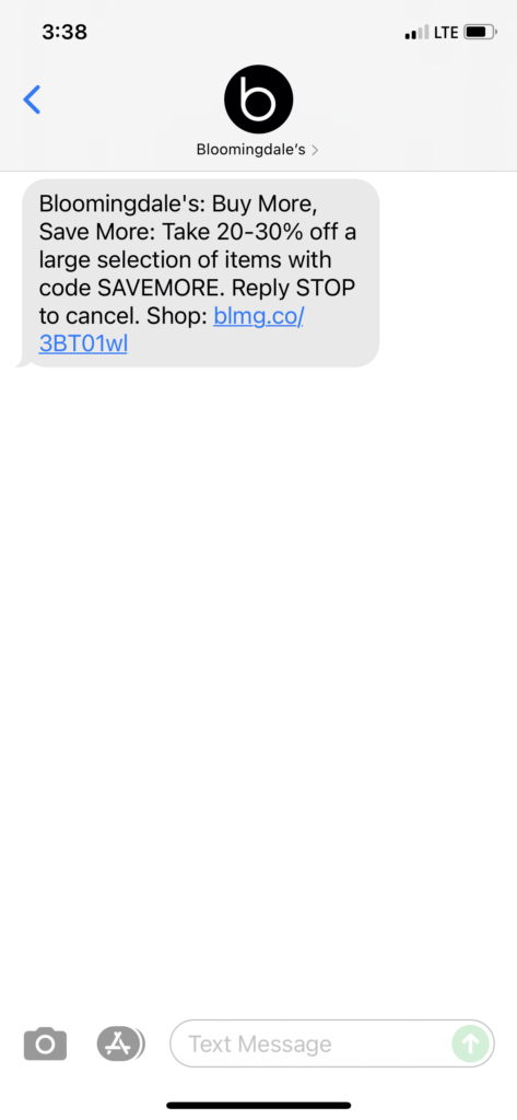 Bloomingdale's Text Message Marketing Example - 10.18.2021