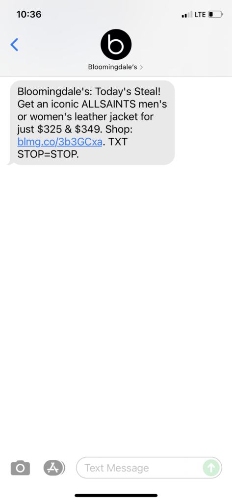 Bloomingdale's Text Message Marketing Example - 10.25.2021