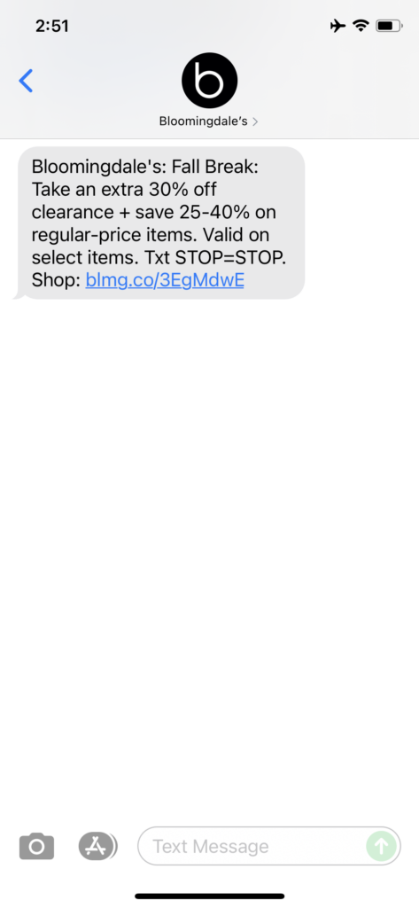 Bloomingdale's Text Message Marketing Example - 10.26.2021