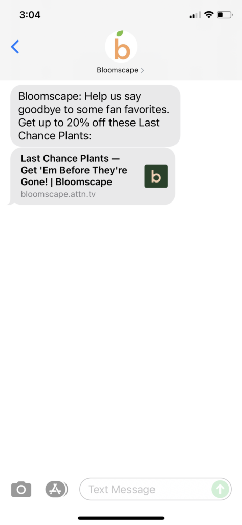 Bloomscape Text Message Marketing Example - 10.14.2021