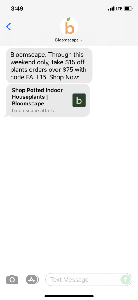 Bloomscape Text Message Marketing Example - 10.21.2021