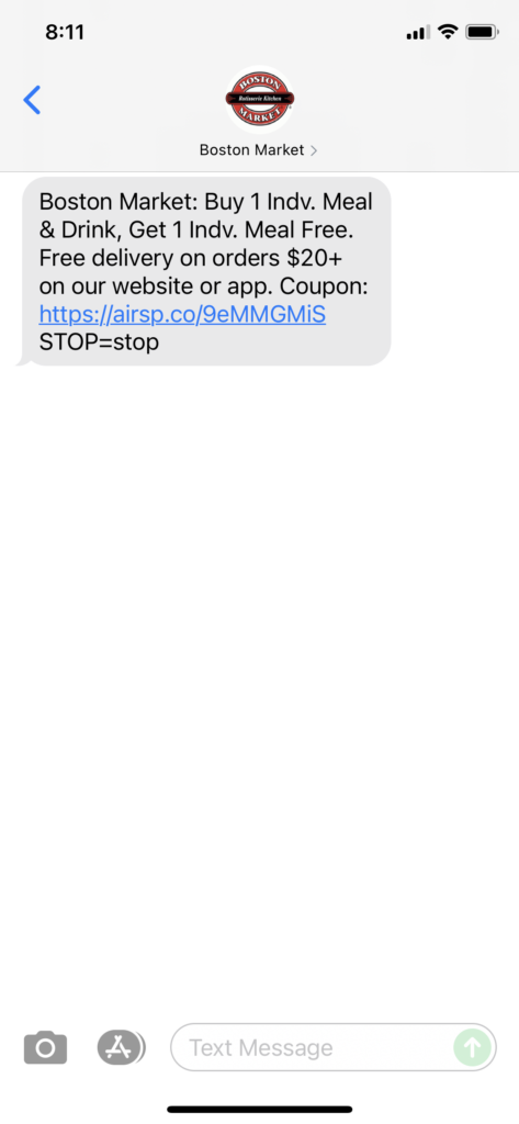 Boston Market Text Message Marketing Example - 09.29.2021