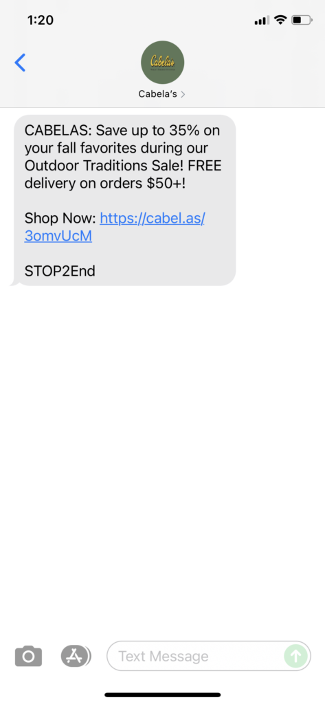 Cabelas Text Message Marketing Example - 09.30.2021
