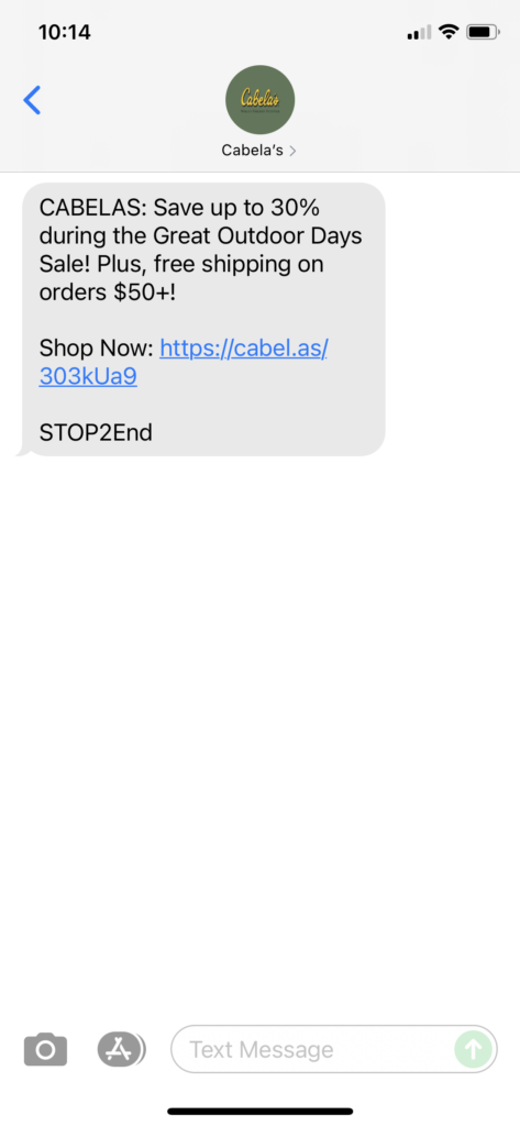 Cabelas Text Message Marketing Example - 10.08.2021