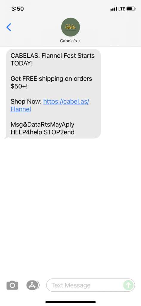 Cabela's Text Message Marketing Example - 10.21.2021