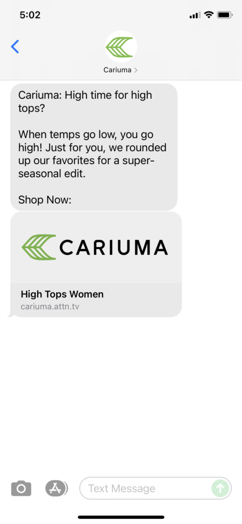 Cariuma Text Message Marketing Example - 10.05.2021