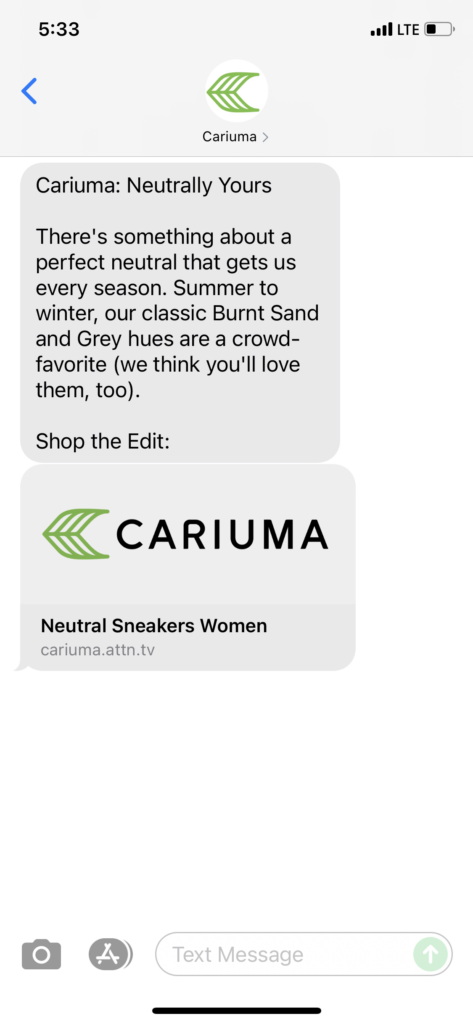 Cariuma Text Message Marketing Example - 10.09.2021