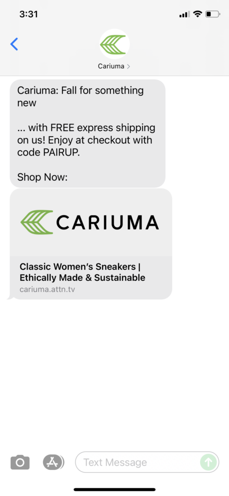 Cariuma Text Message Marketing Example - 10.11.2021