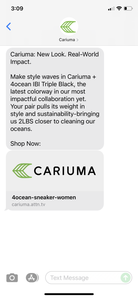 Cariuma Text Message Marketing Example - 10.13.2021
