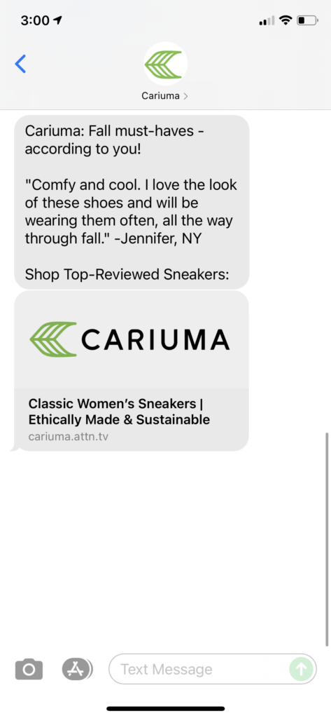 Cariuma Text Message Marketing Example - 10.14.2021